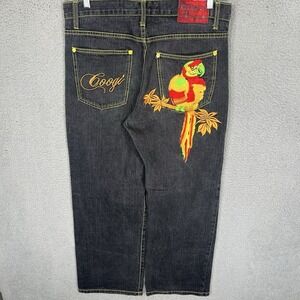 Coogi Jeans Mens 36x34 Black Denim Baggy Wide Leg Skater Grunge Parrot Y2K
